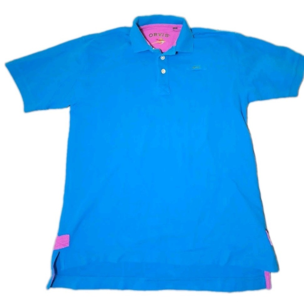 Orvis Shirt Mens Medium M Blue Pique Cotton Fly Fishing Embroidered Polo